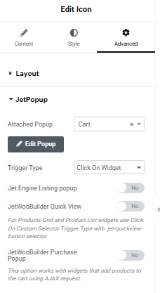 Attaching popup to cart icon in header template